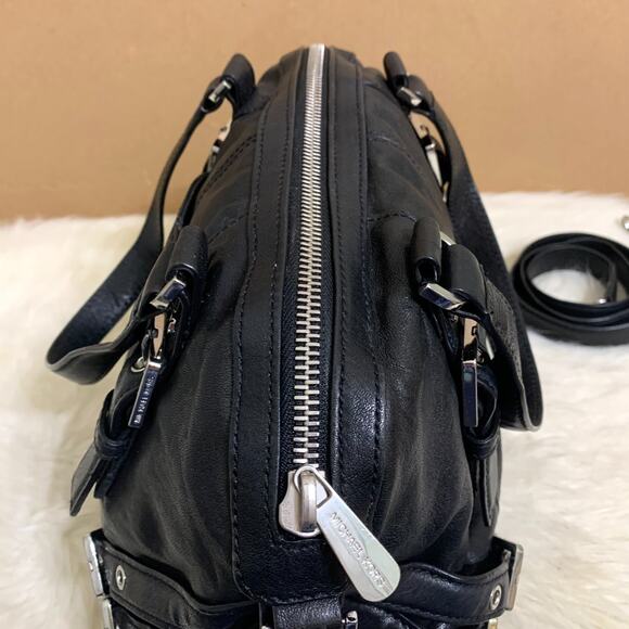 MICHAEL KORS Soft Black Leather Buckle-Trimmed Bowler MILO Satchel w/Strap - Picture 10 of 16